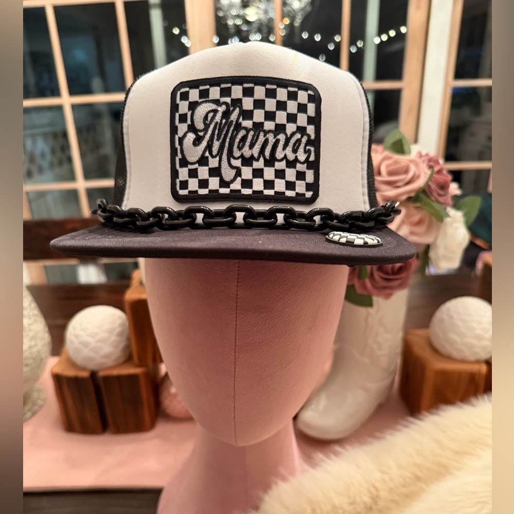 NWT Custom Made Checkered Mama Otto Trucker Hat with Chain & Pin